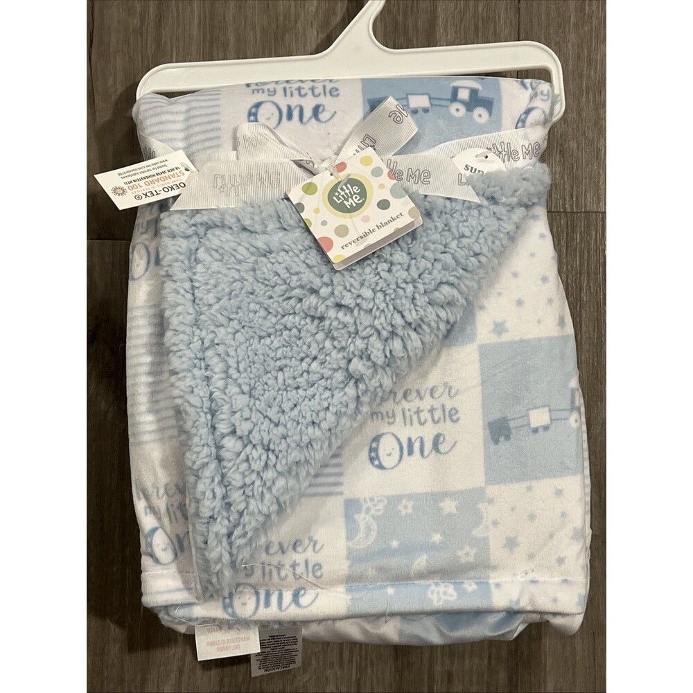 Little Me Baby Blanket Forever My Little One Blue Train White Velour Sherpa New